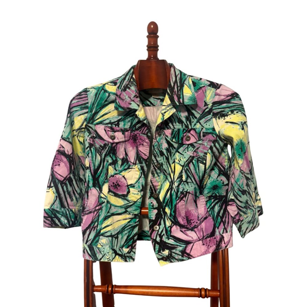 Christopher & Banks Purple & Green Floral Y2K 3/4 Sleeve Jacket Size XL